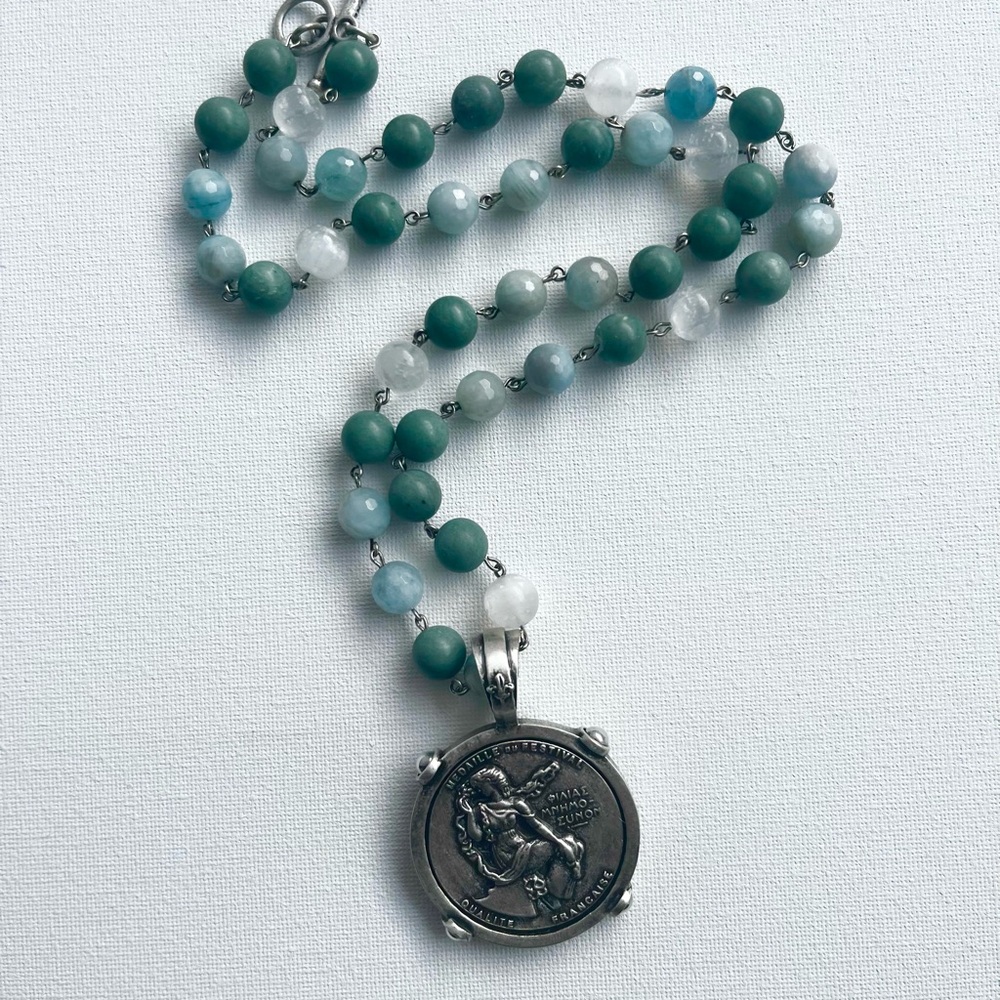 French Kande Turquoise Necklace With Silver Pendant